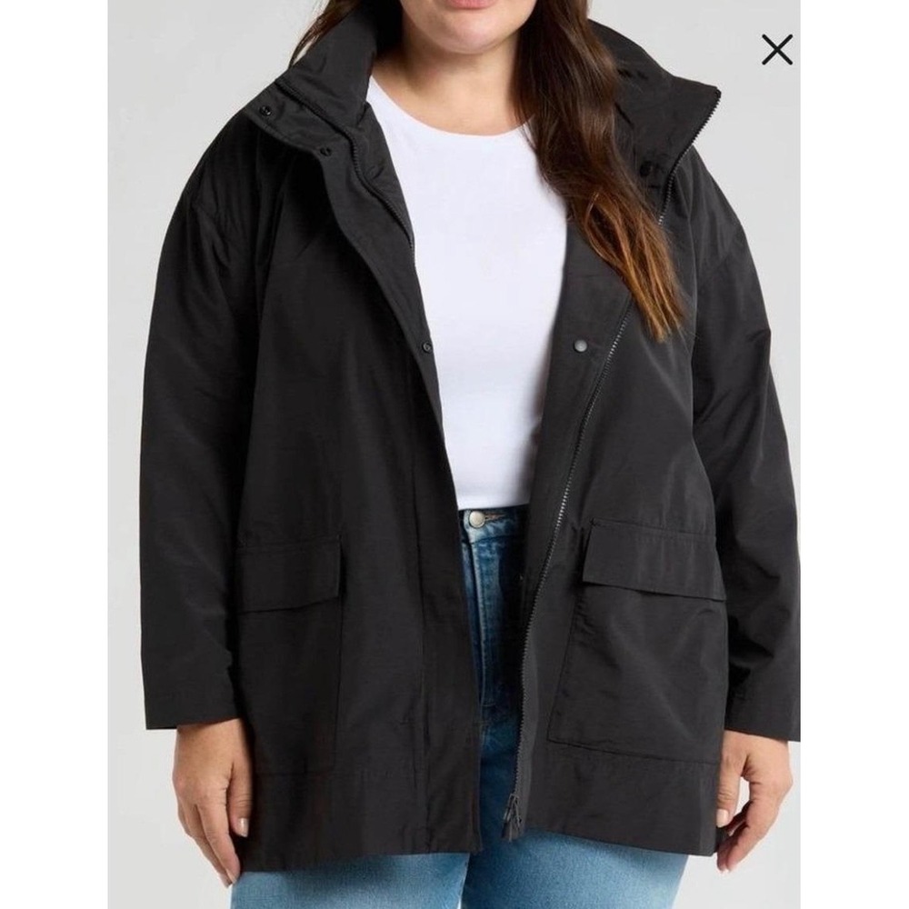 Eileen Fisher Cotton Blend Relaxed Fit Rain Jacket 1X 2X Black Button Front
